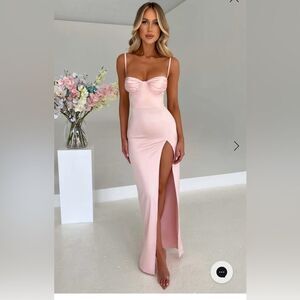 Womens Dress Formal Satin Long Slit Sleeveless Pink Prom Party Wedding Bridal S